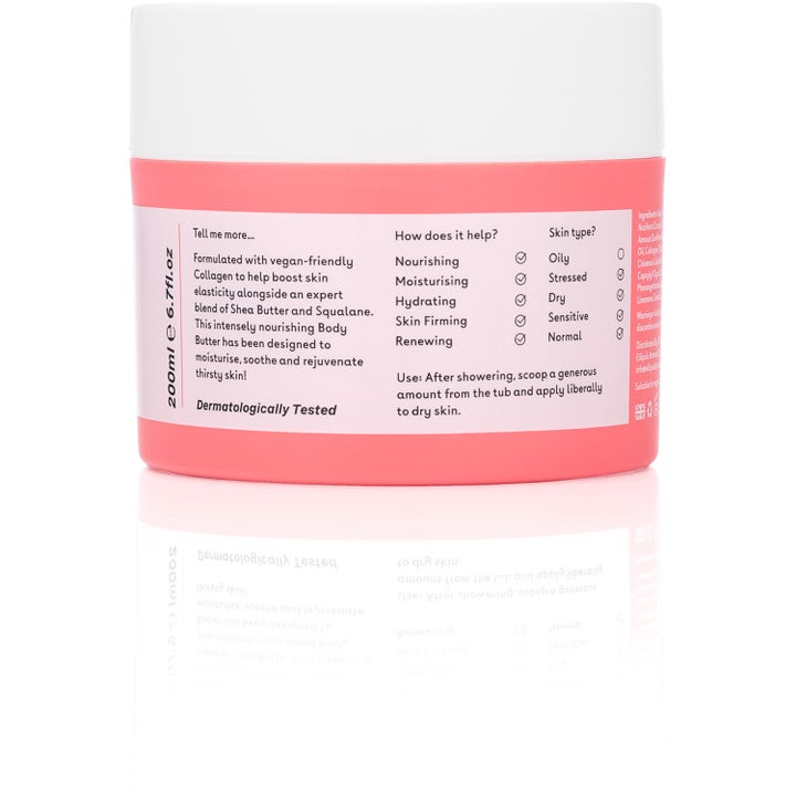 Q+A Collagen Body Butter 200 ml opstrammende kropscreme i lyserød krukke med info om vegansk kollagen