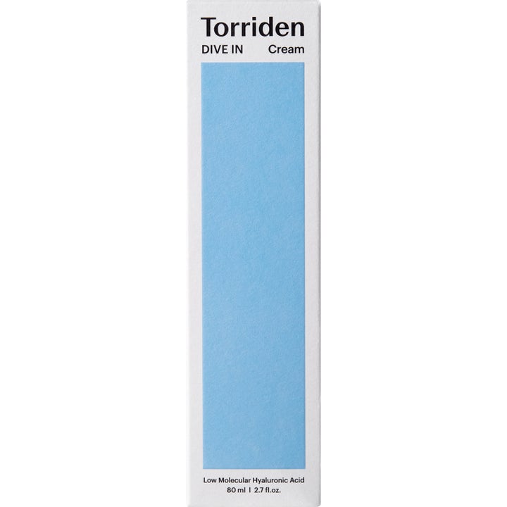Torriden DIVE-IN Low Molecular Hyaluronic Acid Cream 80 ml fugtgivende dagcreme i hvid papæske med blåt panel.