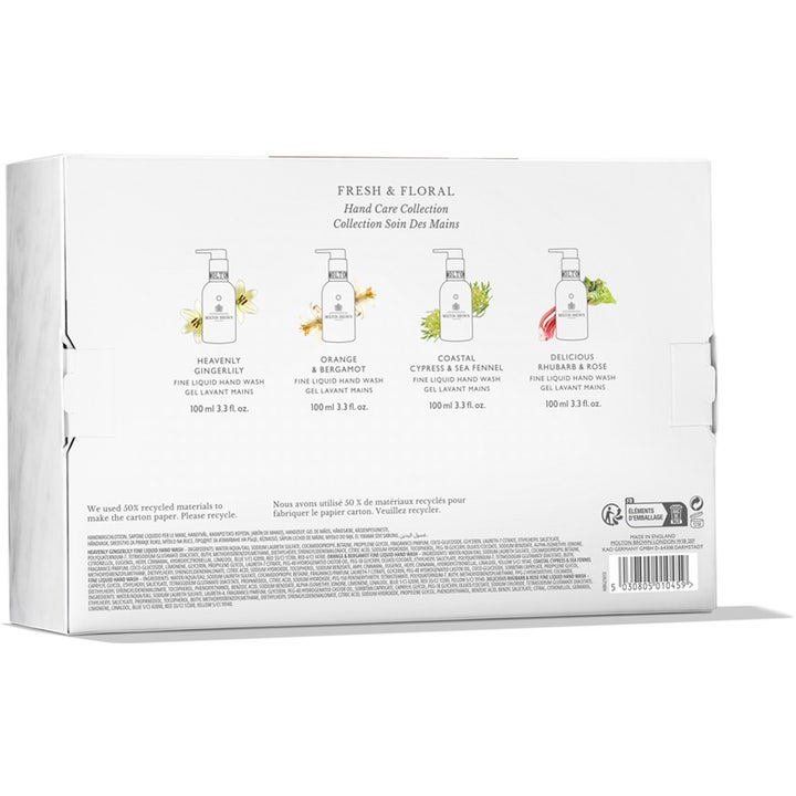 Molton Brown Hand Quad 4x100 ml gaveæske viser bagsiden af pakken med fire dufte og ingrediensliste