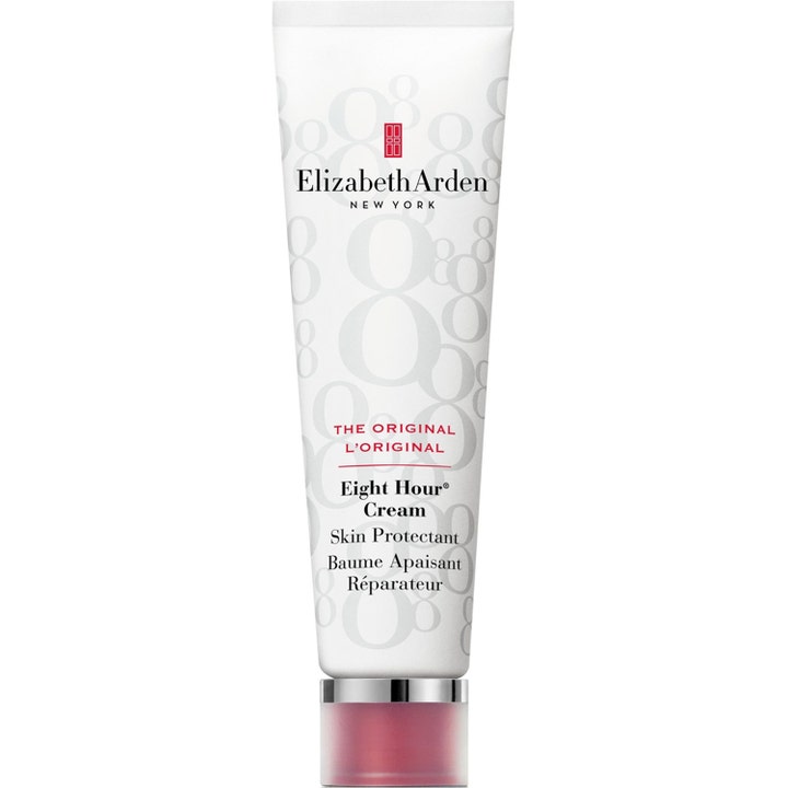Elizabeth Arden Eight Hour Cream Skin Protectant beroligende balm i hvid tube med gråt 8-talsmønster og sølvdetaljer.