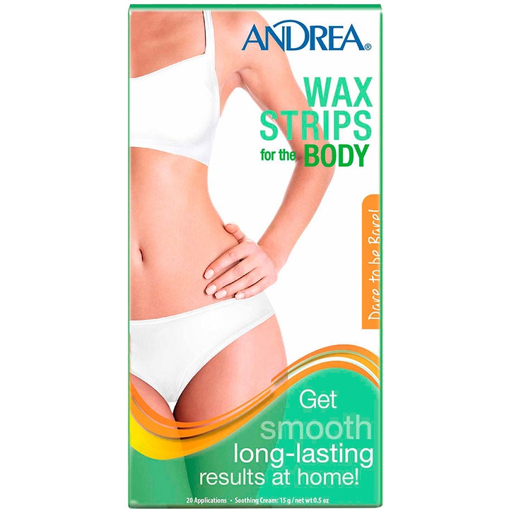 Andrea Wax Strips for the Body 20 stk hårfjerning til kroppen i grøn æske med motiv af kvindetorso.