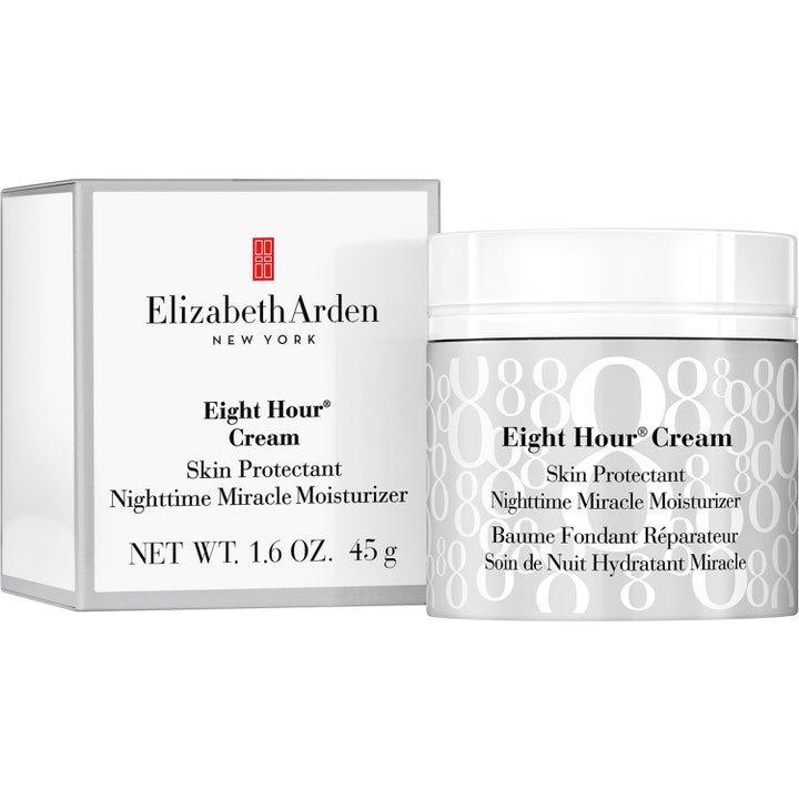 Elizabeth Arden Eight Hour Cream 45 g beskyttende natcreme i hvid krukke med sølvdetaljer og stilren hvid æske.