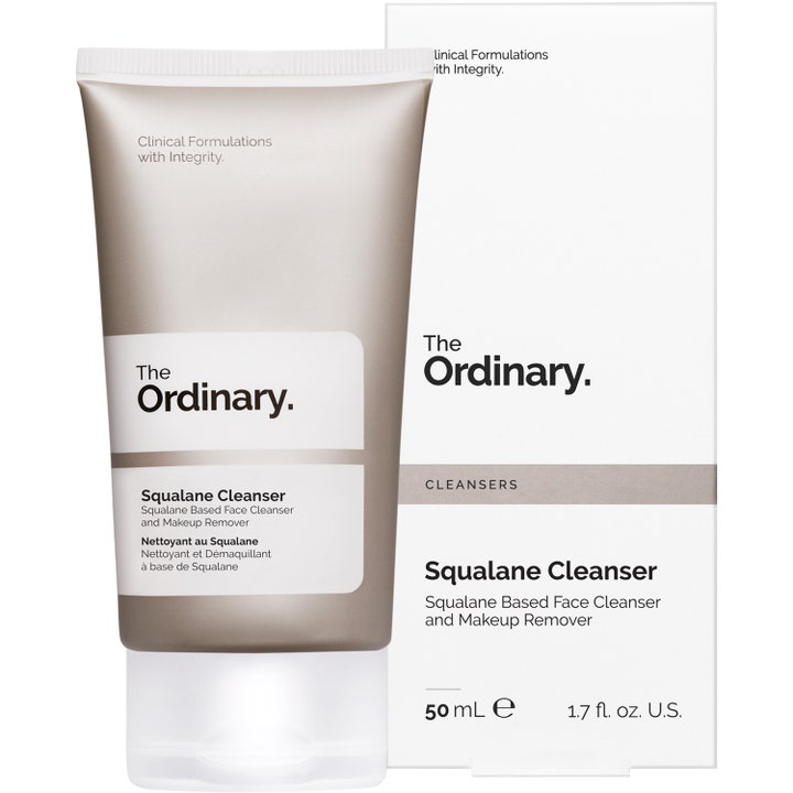 The Ordinary Squalane Cleanser 50 ml fugtgivende ansigtsrens i grå tube med tilhørende hvid æske