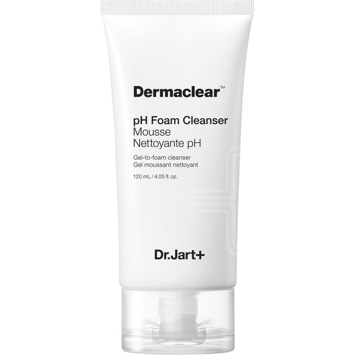 Dr. Jart+ Dermaclear pH Foam Cleanser 120 ml pH-balancerende ansigtsrens i hvid tube med gennemsigtigt låg