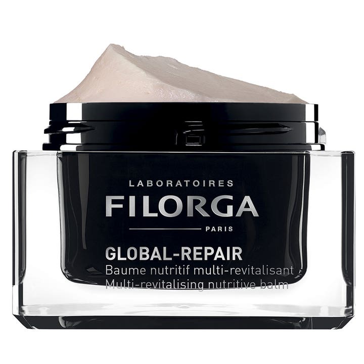 Filorga Global-Repair Balm 50 ml nærende ansigtscreme i sort krukke med rig lys cremetekstur