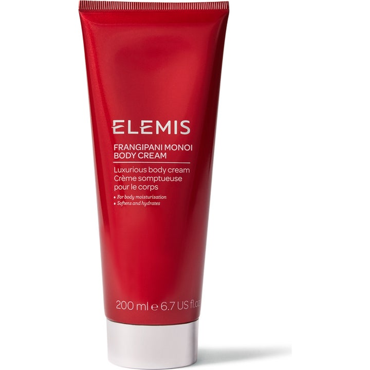 Elemis Frangipani Monoi Body Cream 200 ml fugtgivende kropscreme i en rød tube med sølvlåg der blødgør huden