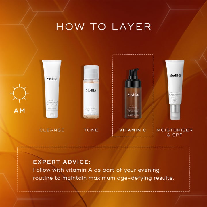 Medik8 C-Tetra Advanced 30 ml glødgivende vitamin C serum vist i en guide til lag-på-lag morgenrutine.