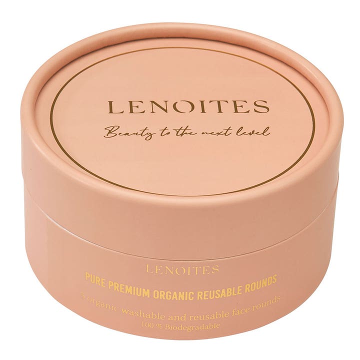 Lenoites Pure Premium Organic Reusable Rounds 5 stk genanvendelige rondeller i en rund ferskenfarvet papæske.