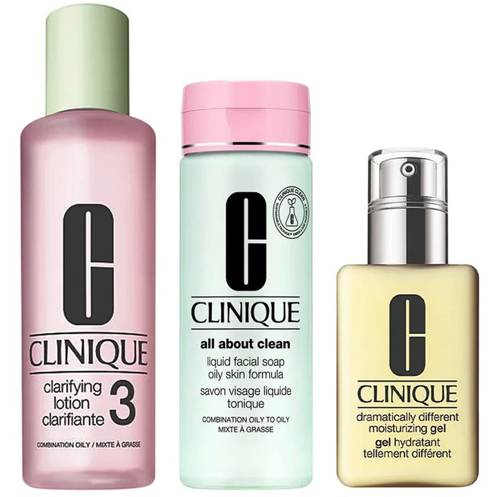 Clinique 3-Step Skin Care System 3 dele hudplejesæt mod fedtet hud i lyserøde og grønne flasker med gul gel