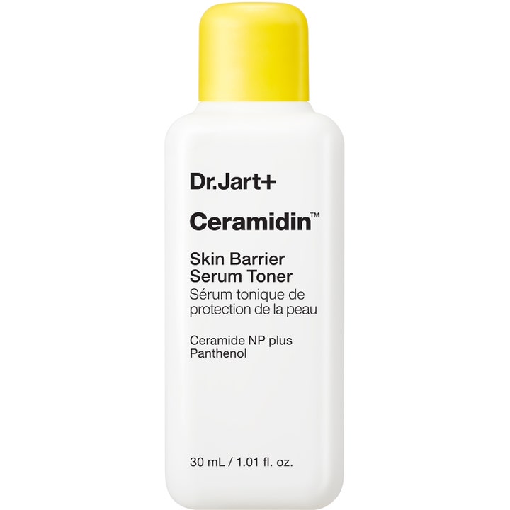 Dr. Jart+ Ceramidin Skin Barrier Serum Toner 30 ml barrierebeskyttende ansigtstoner i hvid flaske med gult låg