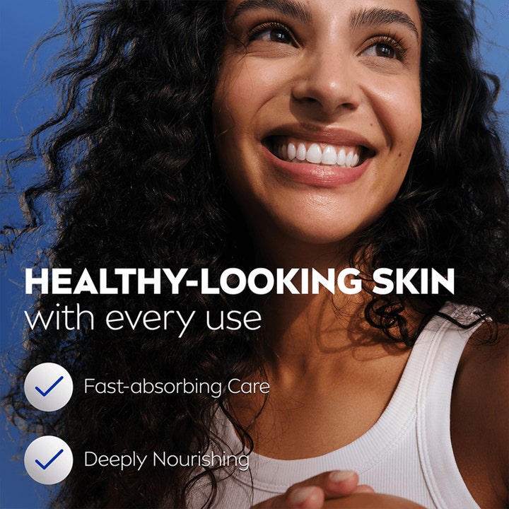 NIVEA Express Hydration Body Lotion 400 ml giver sund hud vist med en smilende kvinde og tekst om hurtig pleje