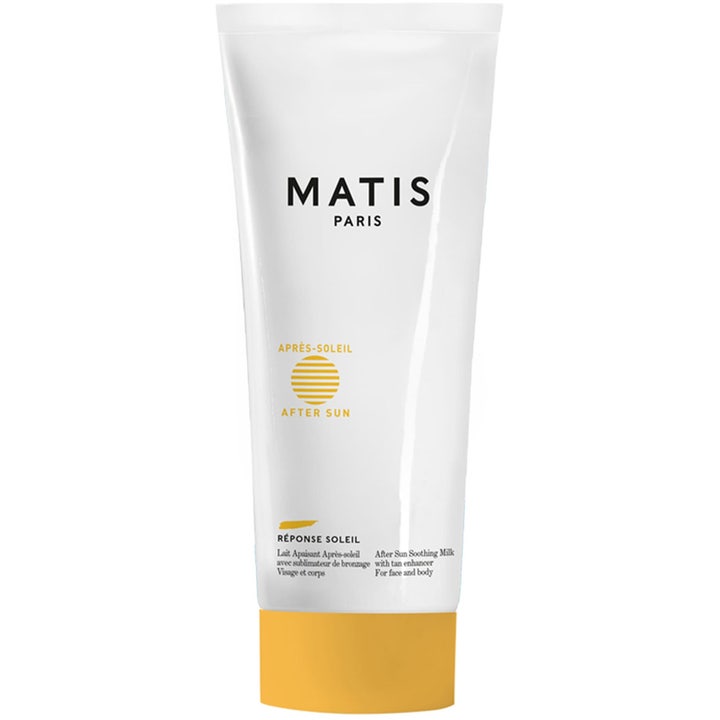 Matis Réponse Soleil After Sun Soothing Milk beroligende aftersun på hvid tube med gult låg og gult logo