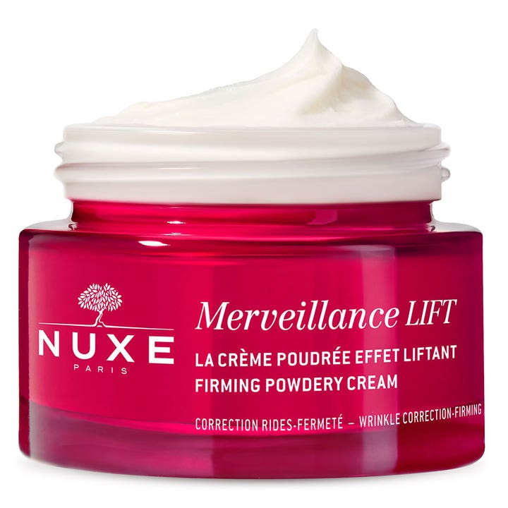 Nuxe Merveillance LIFT 50 ml opstrammende dagcreme mod rynker i rød glaskrukke med synlig hvid cremetekstur