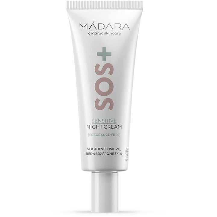 Mádara SOS+ Sensitive Night Cream 50 ml beroligende natcreme i hvid tube med stort SOS-logo og hvidt låg