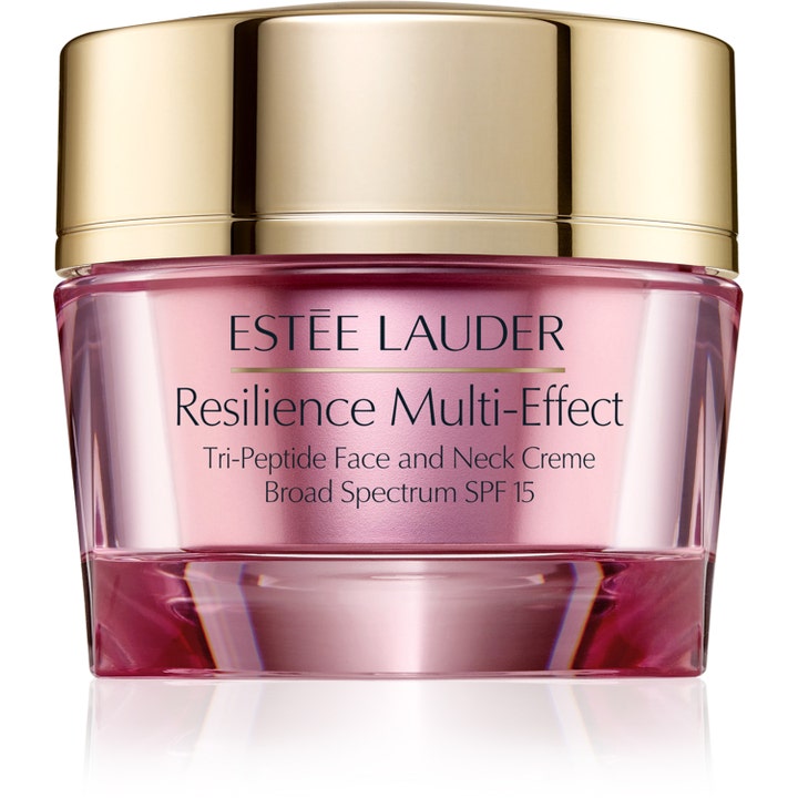 Estée Lauder Resilience Multi-Effect Tri-Peptide Face and Neck Creme SPF 15 opstrammende creme i lyserød krukke med guldlåg.