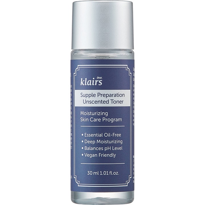 Klairs Supple Preparation Unscented Toner 30 ml fugtgivende ansigtstoner i klar plastflaske med sølvlåg