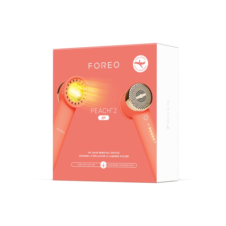 FOREO PEACH 2 go 1 stk IPL-hårfjerning i ferskenfarvet æske med illustration af den kompakte enhed.