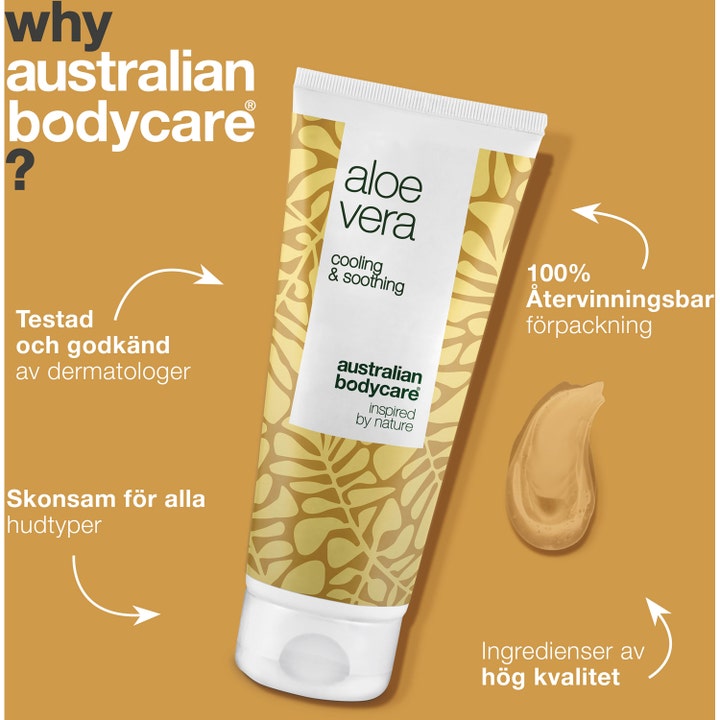 Australian Bodycare Aloe Vera Gel 100 ml lindrende hudpleje i tube med infografik og gennemsigtig geltekstur