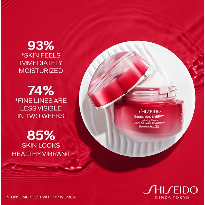 Shiseido Essential Energy Hydrating Day Cream SPF20 50 ml fugtgivende dagcreme i rød krukke mod fine linjer.