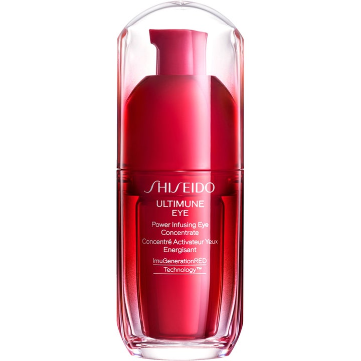 Shiseido Ultimune Eye 15 ml styrkende øjenserum i en elegant rød pumpeflaske med gennemsigtigt låg.