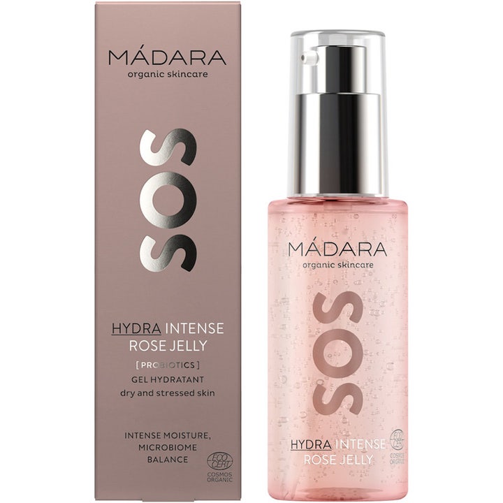 MÁDARA SOS Hydra Intense Rose Jelly 75 ml fugtgivende ansigtsgel i lyserød pumpeflaske med matchende æske