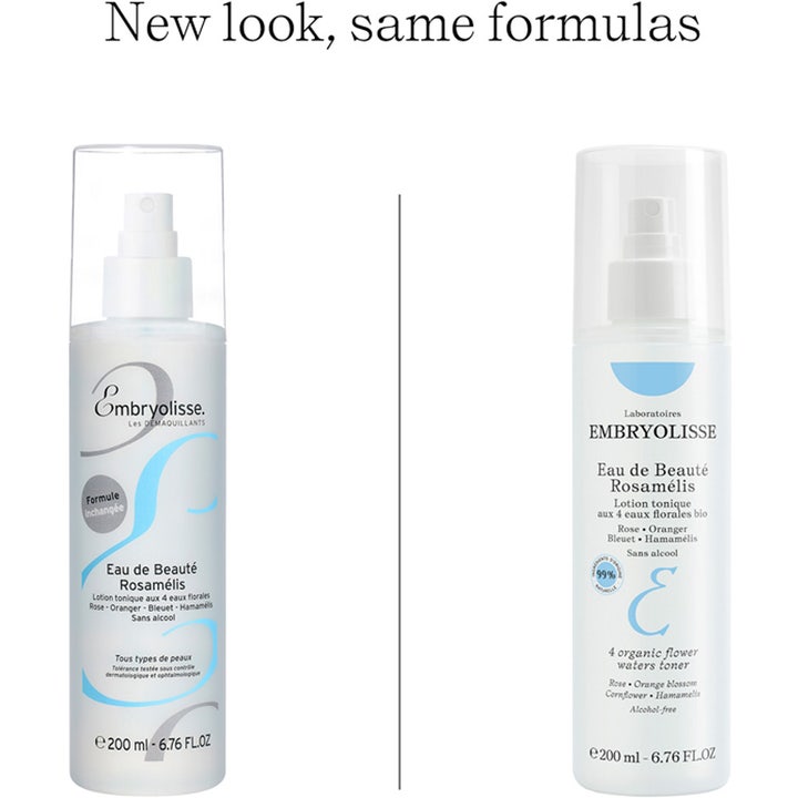 Embryolisse Eau de Beauté Rosamélis 200 ml opfriskende toner viser nyt og gammelt flaskedesign med spray
