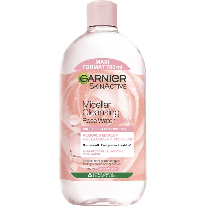 Garnier SkinActive Micellar Rose Water 700 ml rensende ansigtsvand i stor plastflaske med lyserødt låg