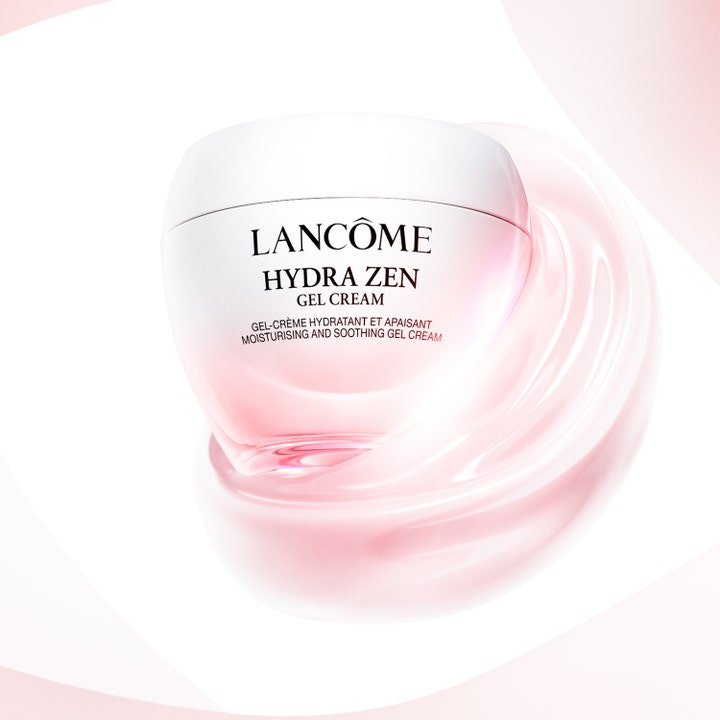 Lancôme Hydra Zen Gel Cream 30 ml fugtgivende dagcreme i lyserød krukke omgivet af en frisk geltekstur