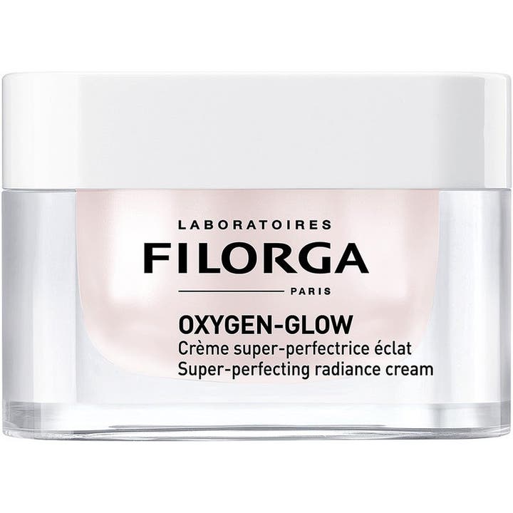 Filorga Oxygen-Glow 50 ml ansigtscreme der giver glød i en klar glaskrukke med hvidt låg