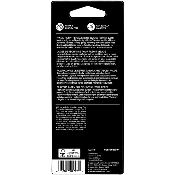 Tweezerman Facial Razor Replacement Blades 3-pak til ansigtshår viser bagside af emballage med tekst og ikoner.