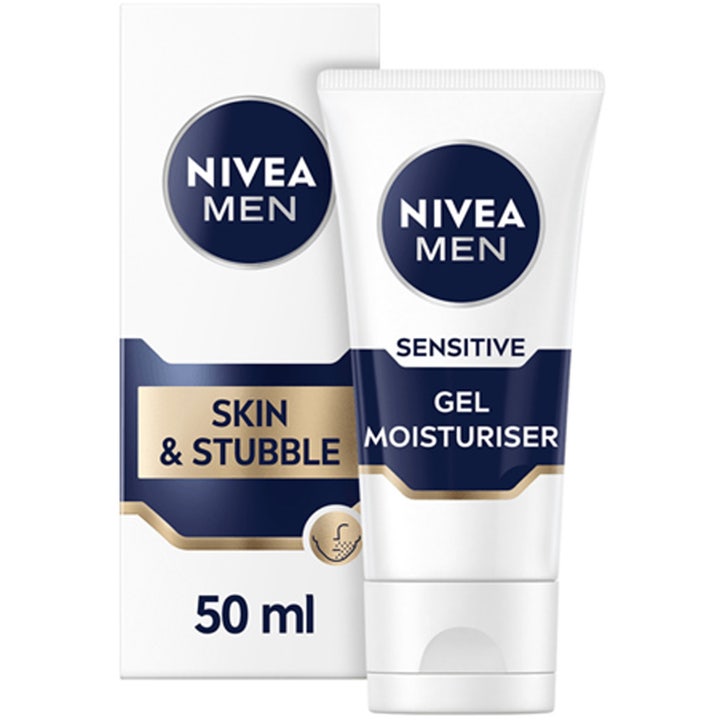 Nivea Men Sensitive Skin & Stubble Gel Moisturiser 50 ml beroligende ansigtsgel i hvid tube og æske med blå detaljer