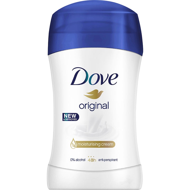 Dove Original fugtgivende antiperspirant stick i hvid emballage med blåt låg der giver effektiv 48 timers pleje