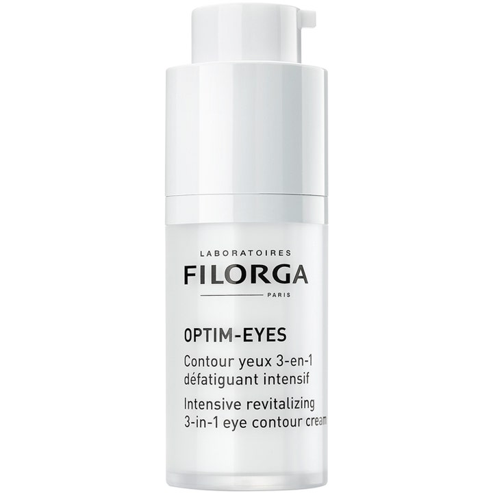 Filorga Optim-Eyes 15 ml øjencreme mod mørke rande og poser under øjnene i hvid pumpeflaske.