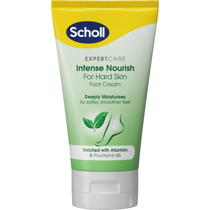 Scholl ExpertCare Intense Nourish 100 ml nærende fodcreme til hård hud i en grøn og gul tube med hvidt låg