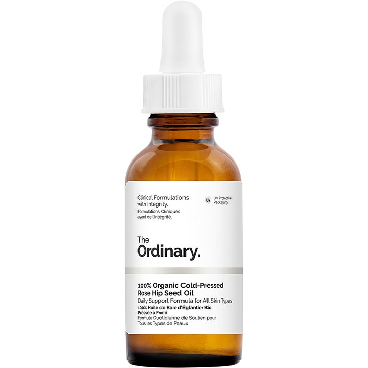 The Ordinary Rose Hip Seed Oil 30ml plejende ansigtsolie i en brun glasflaske med hvid pipette og etiket