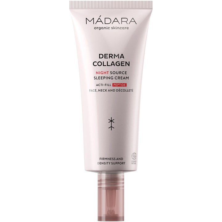 Mádara Derma Collagen Night Source Sleeping Cream opstrammende natcreme med peptider i lyserød tube med klar hætte
