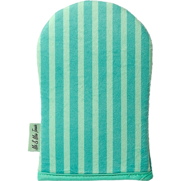 Mr & Mrs Tannie Exfoliating Mitt 1 stk eksfolierende handske i stribet turkis tekstil der skaber jævn hud