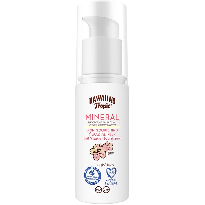 Hawaiian Tropic Mineral Facial Milk 50 ml solcreme til ansigtet i hvid pumpeflaske med blomstermotiv