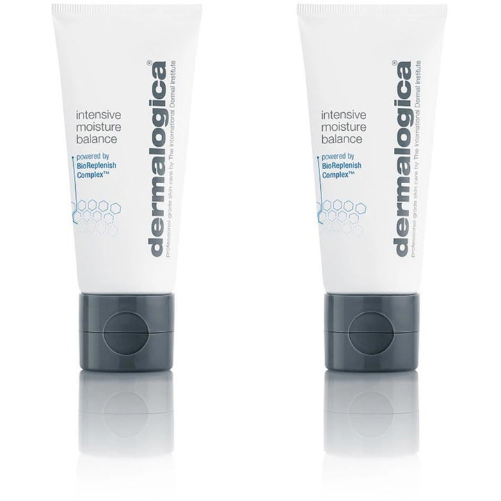 Dermalogica Intensive Moisture Balance fugtgivende ansigtscreme i hvide tuber med grå låg der styrker huden