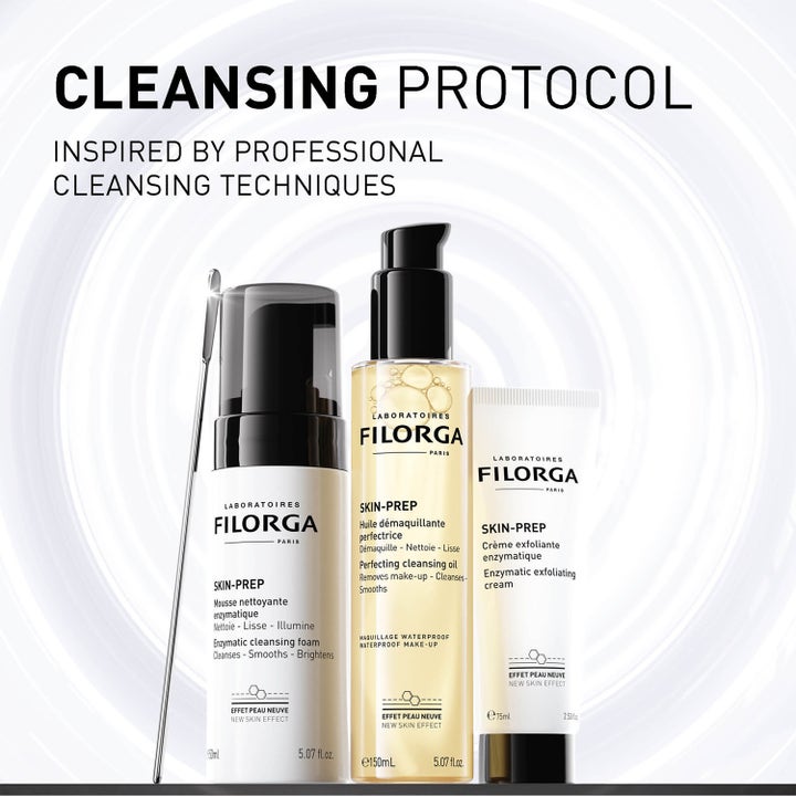 Filorga Skin-Prep Enzymatic Cleansing Foam 150 ml ansigtsrens i hvid pumpeflaske med olie og creme