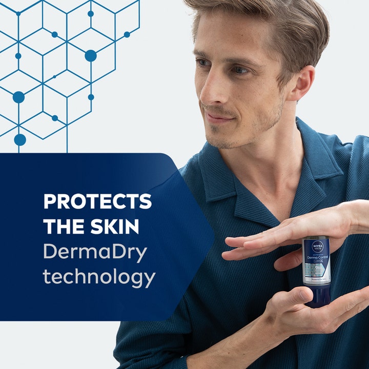 NIVEA Derma Dry Maximum Protection 50 ml herredeodorant beskytter huden vist med mand og DermaDry teknologi