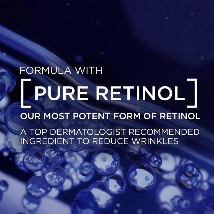 L'Oréal Paris Laser Pure Retinol Night Serum 30 ml mod rynker med tekst af Pure Retinol og blå bobler