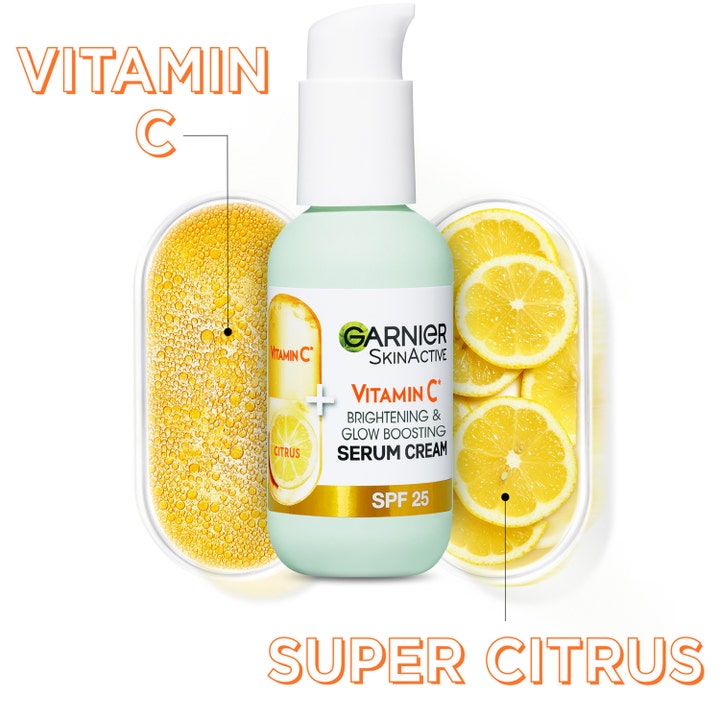 Garnier Skin Active Vitamin C 2-i-1 Serum Cream 50 ml lysnende dagcreme med SPF 25 vist med citronskiver og serumtekstur.