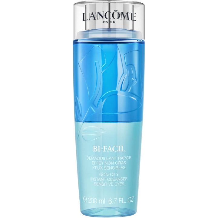 Lancôme Bi-Facil 200 ml øjenmakeupfjerner til sarte øjne i en gennemsigtig blå flaske med tofaset væske og sølvlåg