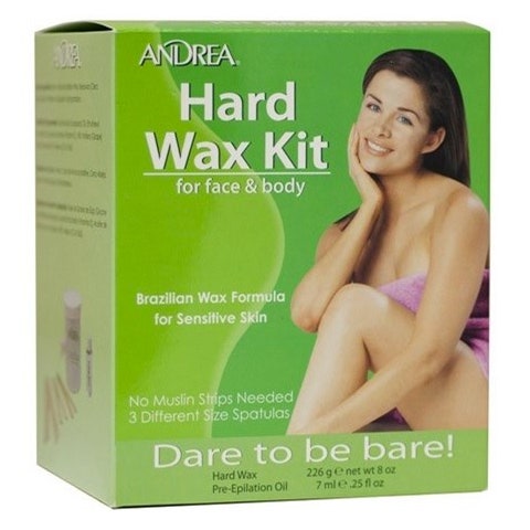 Andrea Hard Wax Kit 226 g vokssæt til ansigt og krop i grøn papæske med billede af en smilende kvinde