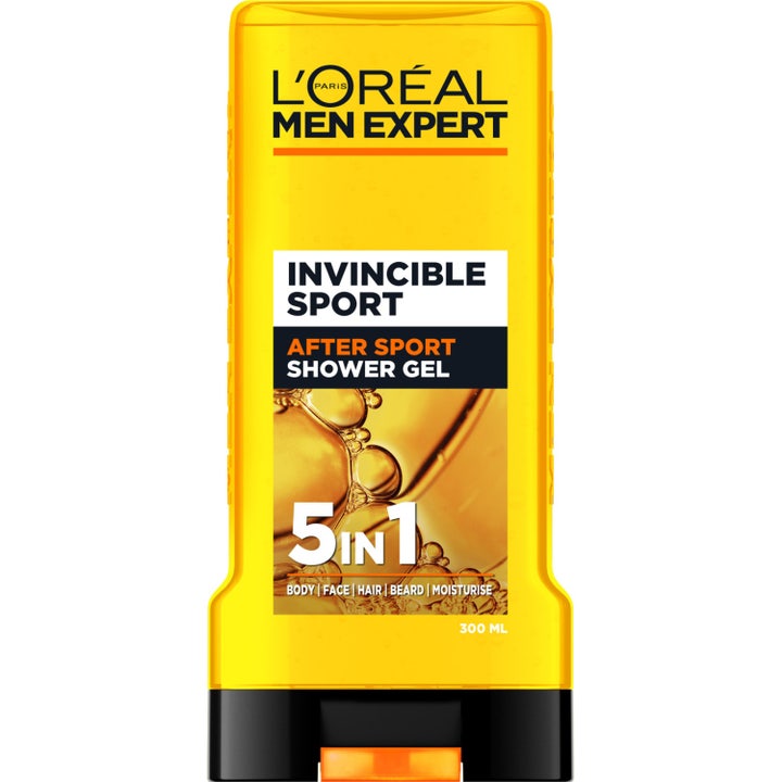 L'Oréal Men Expert Invincible Sport 300ml opfriskende showergel i gul plastflaske med sort låg