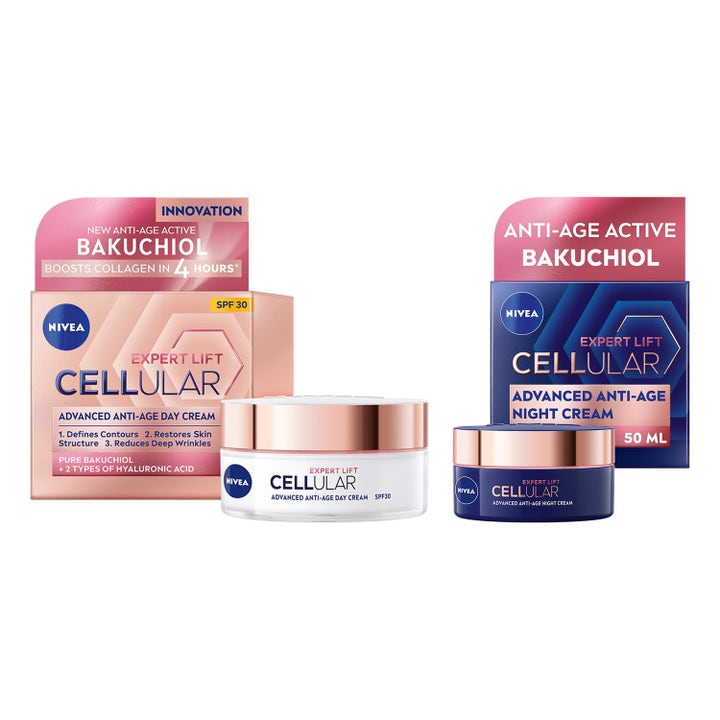 Nivea Cellular Expert Lift 50 ml anti-age sæt med bakuchiol i hvid og mørkeblå krukke med skinnende rosaguld låg
