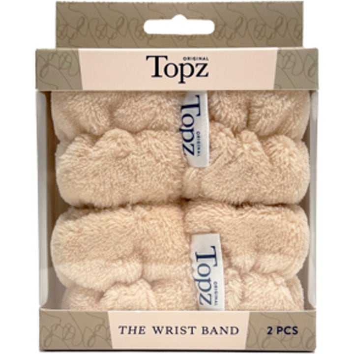 Topz The Wrist Band 2-pak absorberende håndledsbånd i beige plys der holder arme og ærmer tørre ved ansigtsvask