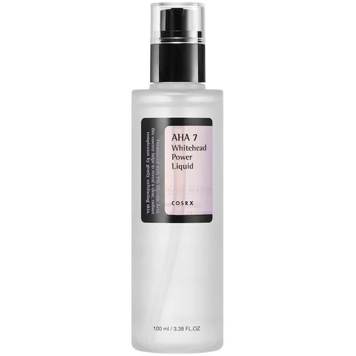 COSRX AHA 7 Whitehead Power Liquid 100 ml eksfolierende essence i frostet flaske med sort pumpe giver strålende hud