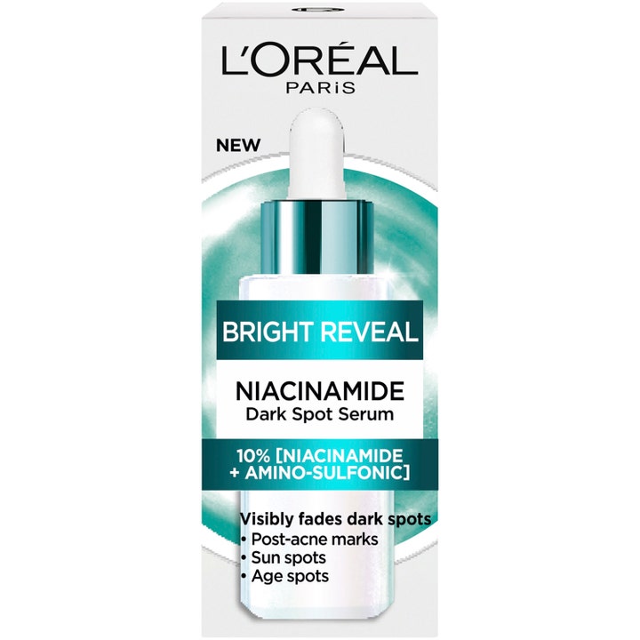 L'Oréal Paris Bright Reveal 30 ml niacinamide serum mod mørke pletter i hvid emballage med pipette.